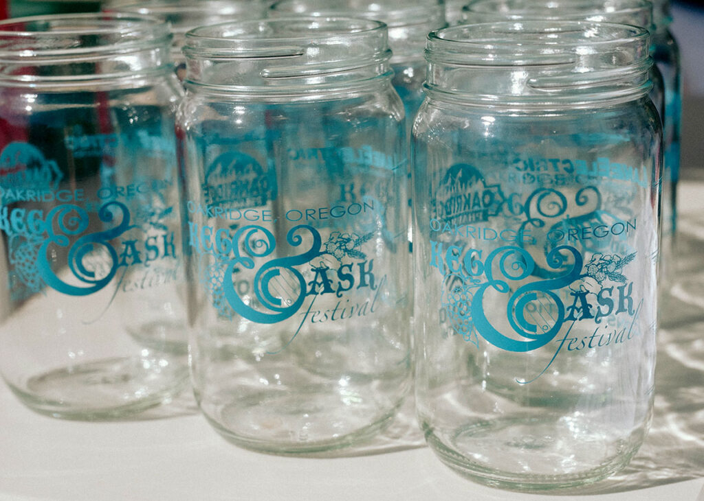 Oakridge Oregon Keg & Cask Festival: empty souvenir jars with OKCF logo