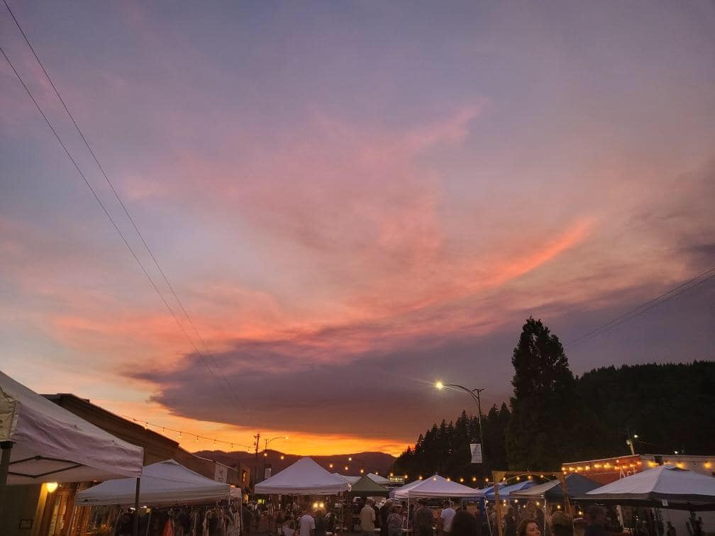 Oakridge Keg & Cask Festival 2023: vendor tents at sunset