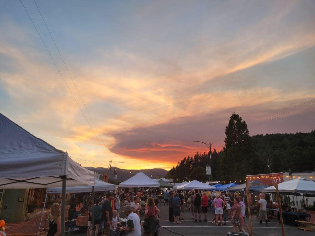 Oakridge Keg & Cask Festival 2023: vendor tents at sunset